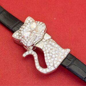 7 inch, Vintage Silver Tone Adorable Cat Rhinestone Watch - F46